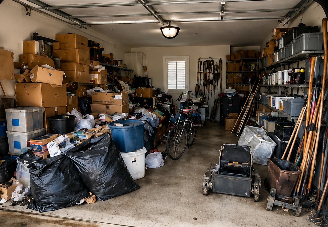 Cluttered garage before cleanout